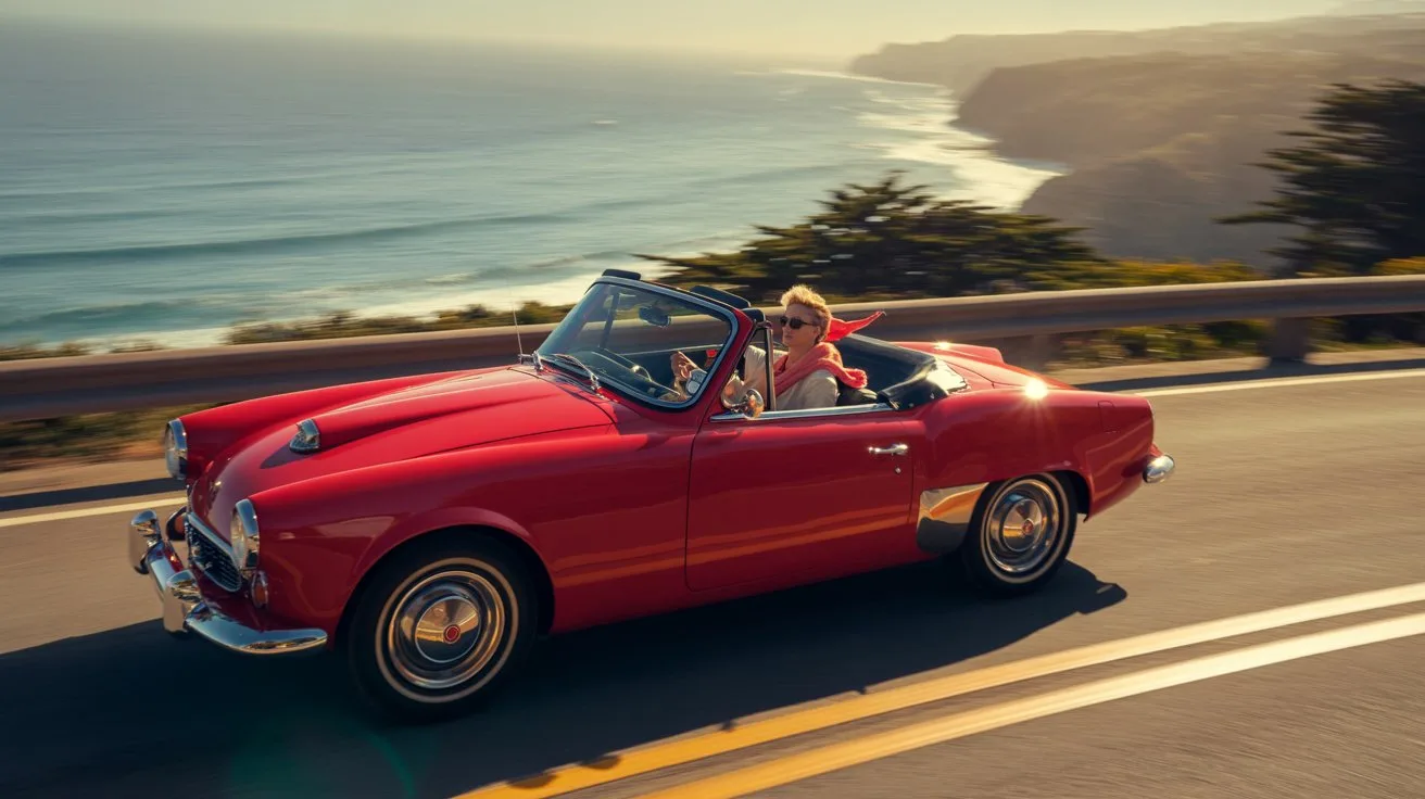 21 Meaningful Mother's Day Activities for Seniors 12 - SeniorCenters.com A photograph of a vintage red convertible driving along the Pacific Coast Highway. The car curves gently around a bend, sunlight reflecting off its polished chrome and vibrant red paint, revealing a driver with sunglasses and a scarf blowing in the wind. The background showcases a breathtaking panoramic view of the azure ocean meeting rugged cliffs dotted with cypress trees. Golden hour lighting bathes the scene in a warm glow, creating long shadows and enhancing the scenic beauty of the drive.