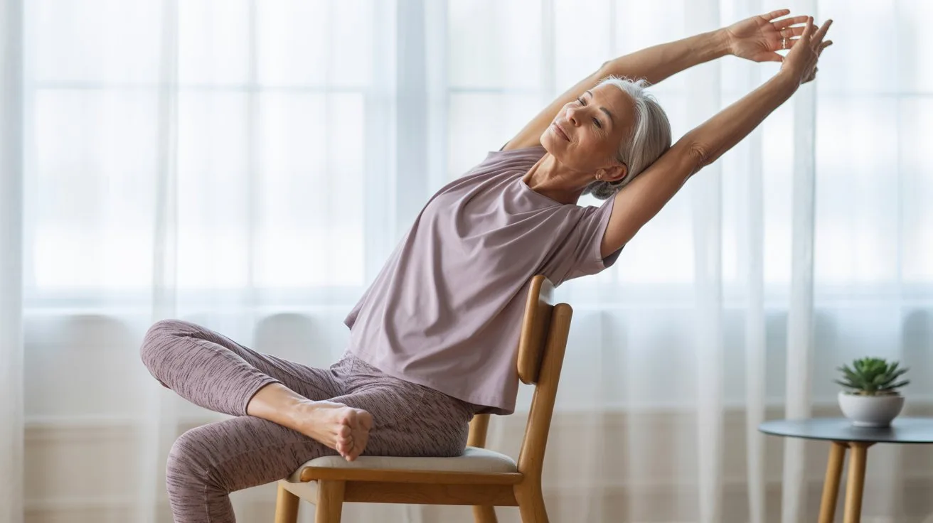 21 Meaningful Mother's Day Activities for Seniors 7 - SeniorCenters.com A serene, soft-focus photograph captures a senior woman gracefully performing a chair yoga pose. She has silver hair pulled back in a low bun and is wearing comfortable, heather-gray leggings and a loose-fitting lavender top, her expression calm and focused as she stretches her arms overhead. The chair is a simple wooden design, placed in front of a large window with sheer white curtains diffusing the natural light. A small potted succulent sits on a nearby table, subtly enhancing the tranquil and peaceful atmosphere of the room.