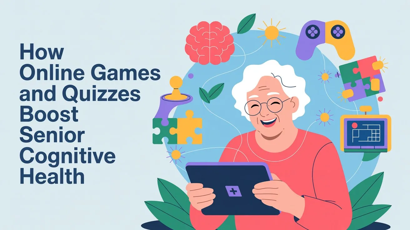 A vibrant, infographic-style poster promoting the benefits of online games and quizzes for cognitive health in seniors. The central focus is a smiling elderly woman enthusiastically playing a puzzle game on a tablet, with colorful icons representing various online activities surrounding her. Surrounding the woman are stylized icons of brain gears, puzzle pieces, and game controllers, all interconnected with glowing lines that symbolize improved cognitive function and engagement, set against a clean, light blue background. The poster prominently displays the text “How Online Games and Quizzes Boost Senior Cognitive Health” in a clear, friendly font at the top.