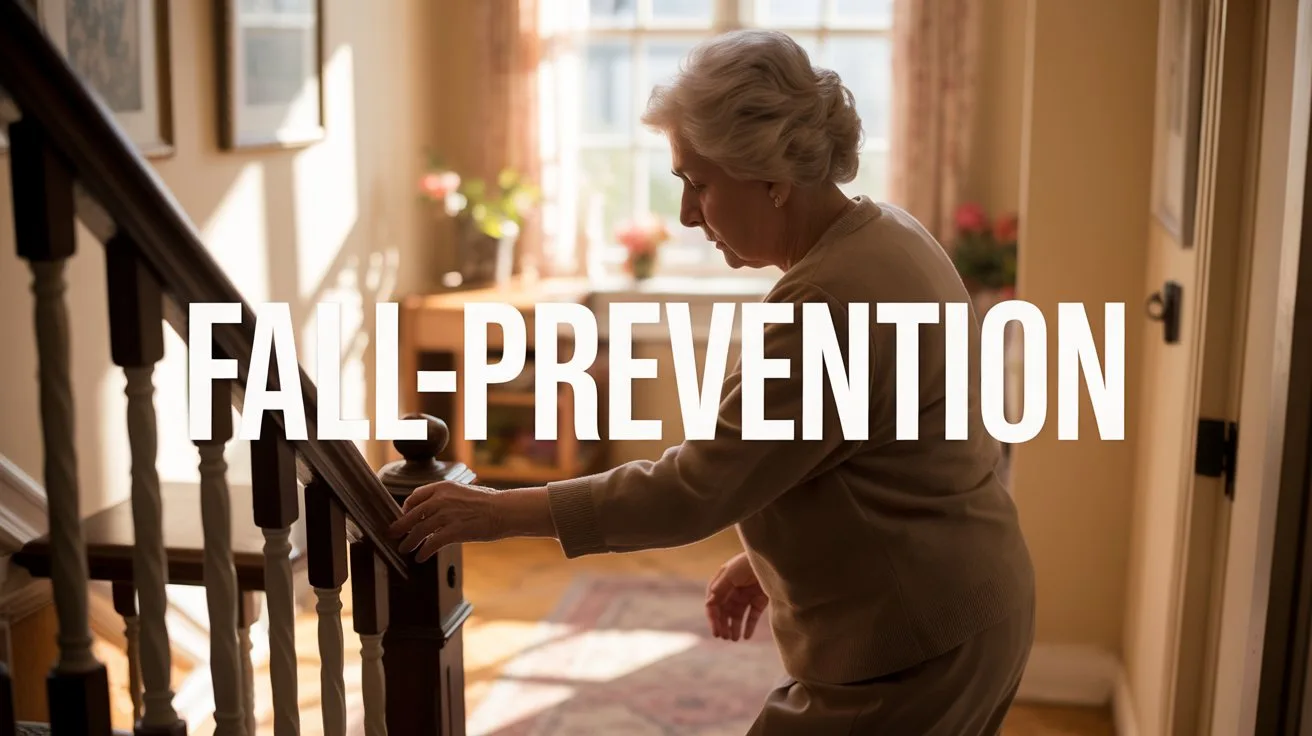 A vintage-style public service poster emphasizing safety and awareness, prominently displaying the text "Fall-Prevention". A silhouetted elderly woman is carefully descending a staircase, her hand gripping the sturdy wooden banister, emphasizing deliberate and cautious movement. The background features a warmly lit, slightly blurred residential hallway with soft shadows and subtle details suggesting a cozy and secure home environment. Gentle sunlight streams through a window, creating a reassuring and protective atmosphere for the message.