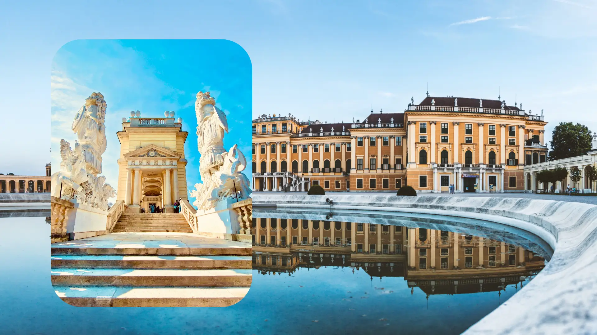 A photograph of the opulent Schonbrunn Palace in Vienna, Austria, showcasing its magnificent baroque architecture. The palace facade, rendered in pale yellow stucco and adorned with intricate gold detailing, dominates the frame, reflecting the soft light of a late afternoon sun. A meticulously manicured garden stretches out before the palace, with precisely trimmed hedges and vibrant flowerbeds leading to a distant fountain. The sky above is a clear azure, providing a picturesque backdrop to this iconic Viennese landmark.