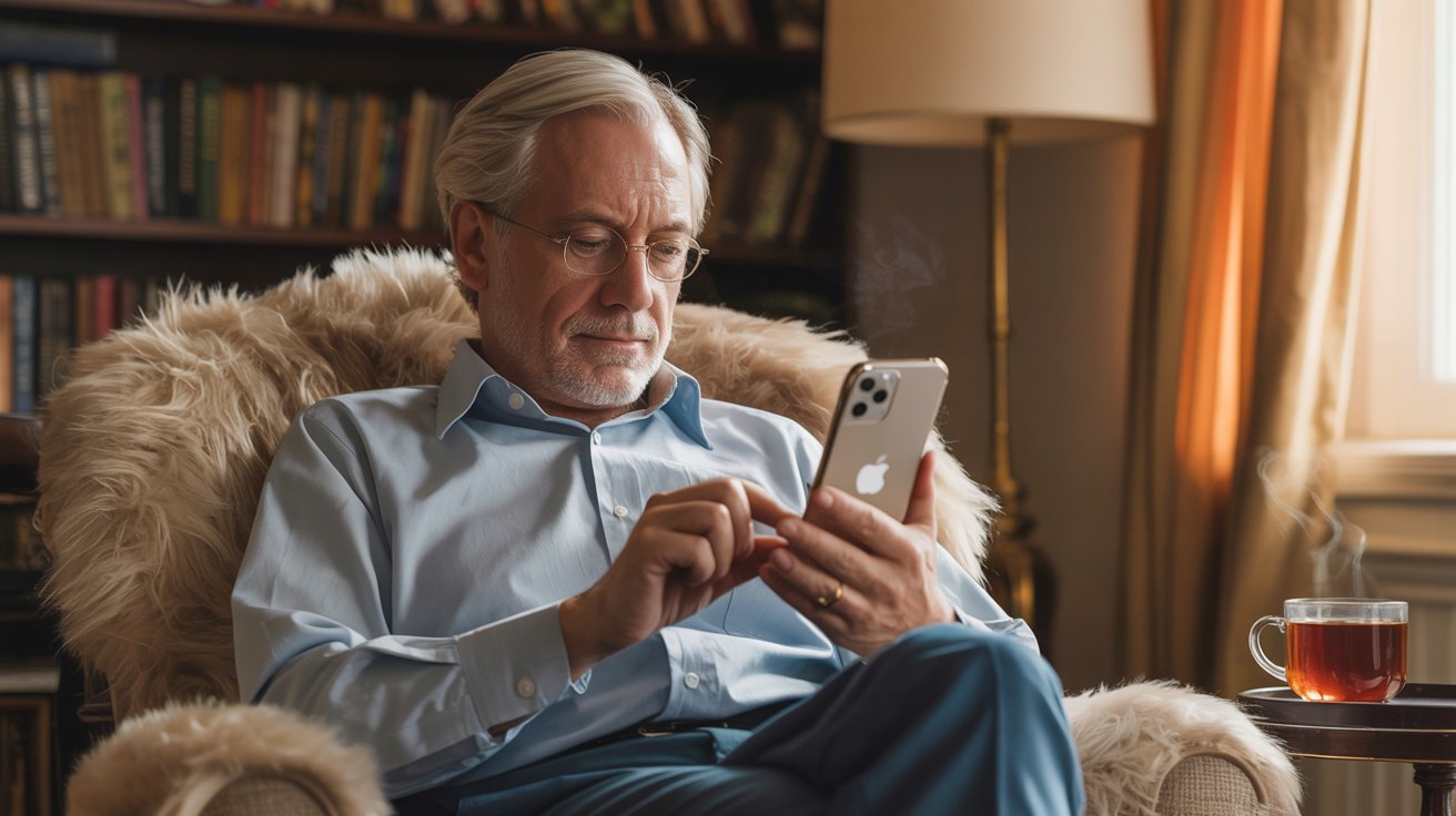A photograph of a distinguished senior gentleman with kind eyes and silver hair sitting comfortably in an armchair. He’s intently looking at an iPhone in his hands, showcasing the Apple logo on its back. The room is softly lit with warm sunlight streaming through a nearby window, highlighting the textures of a plush, beige rug and a bookshelf filled with well-loved books in the background. A steaming mug of tea sits on a small table beside him, suggesting a moment of peaceful relaxation.