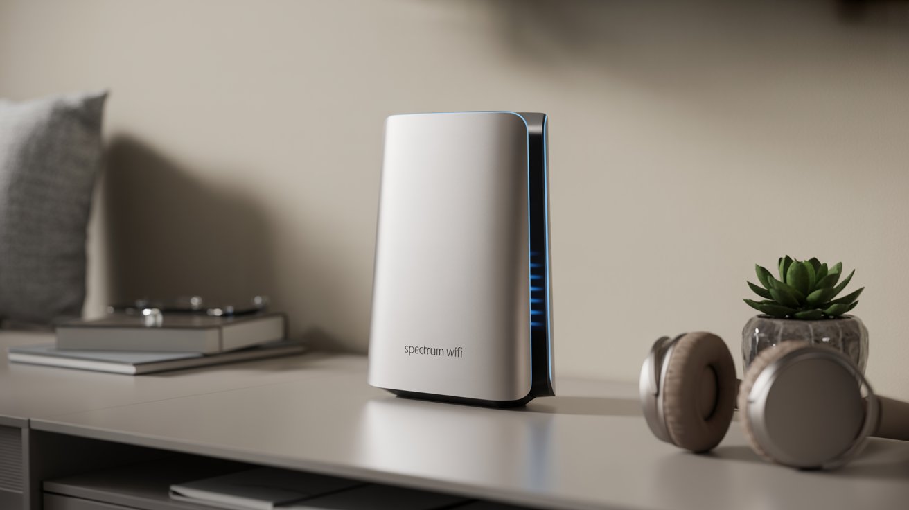 A photograph of a Spectrum wifi router elegantly displayed on a sleek, minimalist white desk. The router itself has a unique, elongated cylindrical design with subtle blue LED lights pulsing along its surface, indicating connectivity. Surrounding the router are a few modern accessories like a small succulent in a ceramic pot and a pair of stylish wireless headphones. Soft, diffused studio lighting illuminates the scene, emphasizing the router’s design and creating a clean, contemporary aesthetic, with the words "Spectrum Wifi" printed in a simple sans-serif font on the router’s side.