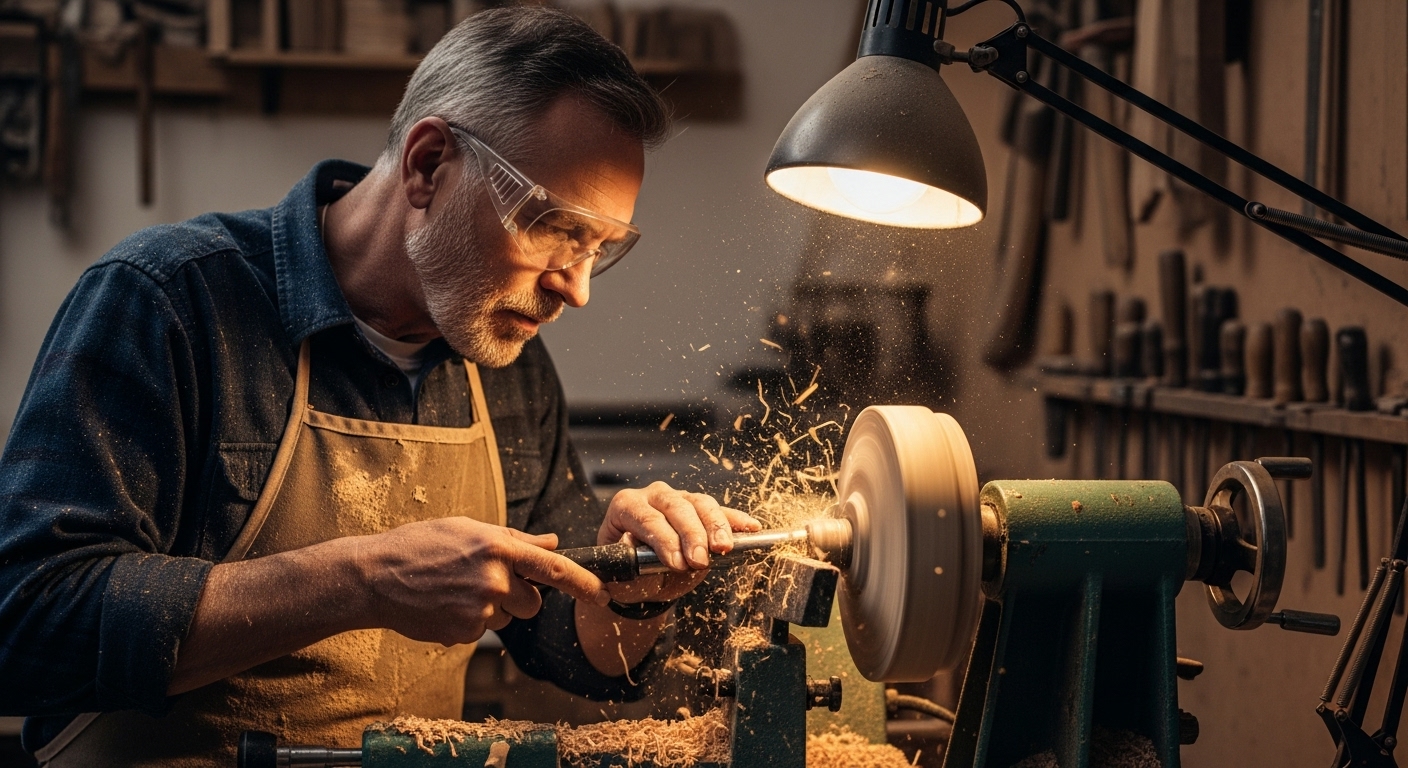 A professional photograph of a middle-aged caucasian man woodworking on a lathe in a workshop setting. The craftsman wears a denim shirt, beige apron, and protective clear safety glasses. He is focused intently on his work, shaping wood on a green metal lathe machine. A desk lamp with an adjustable arm illuminates the workspace, casting warm light that creates a dramatic effect with wood shavings flying in the air. The background shows wooden shelves mounted on the wall, partially out of focus. The lighting creates a warm, golden ambiance with strong contrast between light and shadow. The photograph is shot from a side angle, capturing the precise moment of wood carving with visible wood shavings and particles in motion. The workshop environment has a professional, well-equipped atmosphere with various tools and equipment visible in the background.