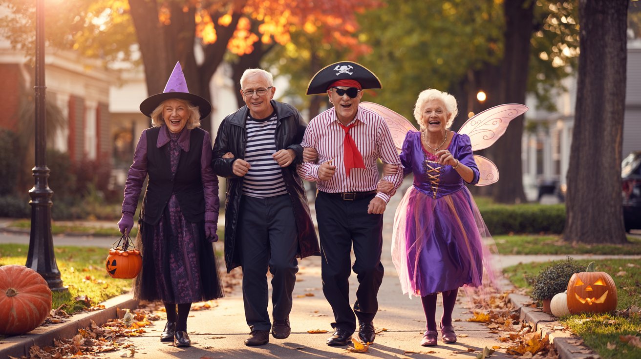 A cheerful photograph of elderly people in colorful Halloween costumes strolling through a neighborhood street during trick-or-treat evening. The seniors are dressed in whimsical outfits including a witch with a pointed purple hat, a pirate with an eye patch and tricorn hat, and a fairy godmother with sparkly wings and a wand. They walk along a tree-lined sidewalk decorated with carved pumpkins and autumn leaves, their faces beaming with joy and laughter. Warm golden hour lighting filters through the orange and red maple trees, casting a nostalgic glow over the festive scene.