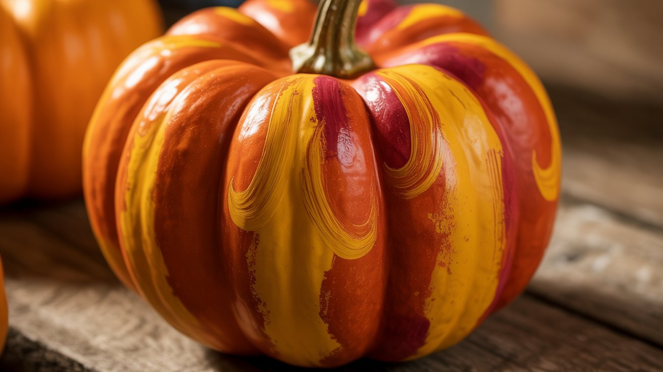 A close-up photograph of a small decorative pumpkin painted in vibrant autumn colors. The mini pumpkin features a smooth, glossy finish with swirling patterns of burnt orange, deep crimson, and golden yellow that flow organically across its curved surface. Fine brushstroke details are visible in the paint, creating texture and depth, while small highlights catch the light on the pumpkin's natural ridges. The pumpkin sits on a rustic wooden surface with soft, warm lighting that enhances the rich painted colors and creates gentle shadows around its base.