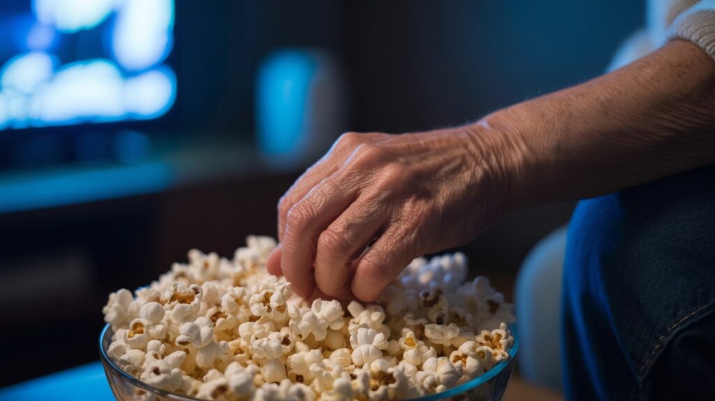 A close-up photograph of an elderly person's weathered hand reaching into a large bowl of freshly popped popcorn, the skin showing gentle age lines and spots. The hand is illuminated by the soft blue glow from an unseen television screen, creating dramatic chiaroscuro lighting against the surrounding darkness. The popcorn kernels are perfectly white and fluffy, contrasting beautifully with the warm skin tones of the hand. The rest of the room fades into deep shadows, with only faint hints of furniture silhouettes visible in the background, creating an intimate, cozy movie-watching atmosphere.