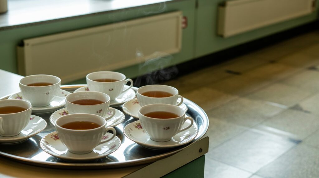 A photograph of a metal serving tray holding several white porcelain tea cups and saucers, positioned on a table or counter. The tea cups are neatly arranged with delicate floral patterns along their rims, and wisps of steam rise gently from the warm tea inside. The setting appears to be indoors with soft, diffused lighting from overhead fluorescent fixtures. The floor visible in the background features the characteristic speckled linoleum tiles in muted beige and gray tones commonly found in institutional buildings, with subtle wear patterns that hint at years of use.