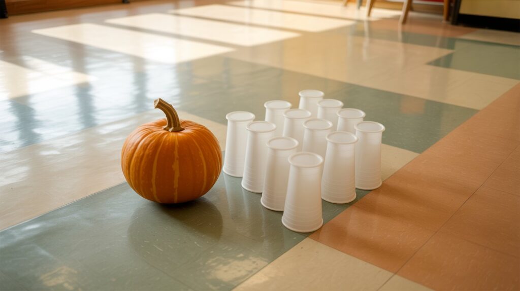 A photograph of a small orange pumpkin rolling across a polished linoleum floor with subtle beige and cream patterns, heading toward a triangular arrangement of white plastic cups set up like bowling pins. The pumpkin has a natural stem and slight ridges, captured mid-roll as it approaches the cups which are positioned on the smooth, institutional-style flooring. The scene is lit by soft fluorescent lighting from above, casting gentle shadows and giving the floor a clean, slightly reflective surface typical of healthcare or community facility interiors. In the background, the floor extends with the same neutral-toned linoleum pattern, creating a warm but practical indoor setting.