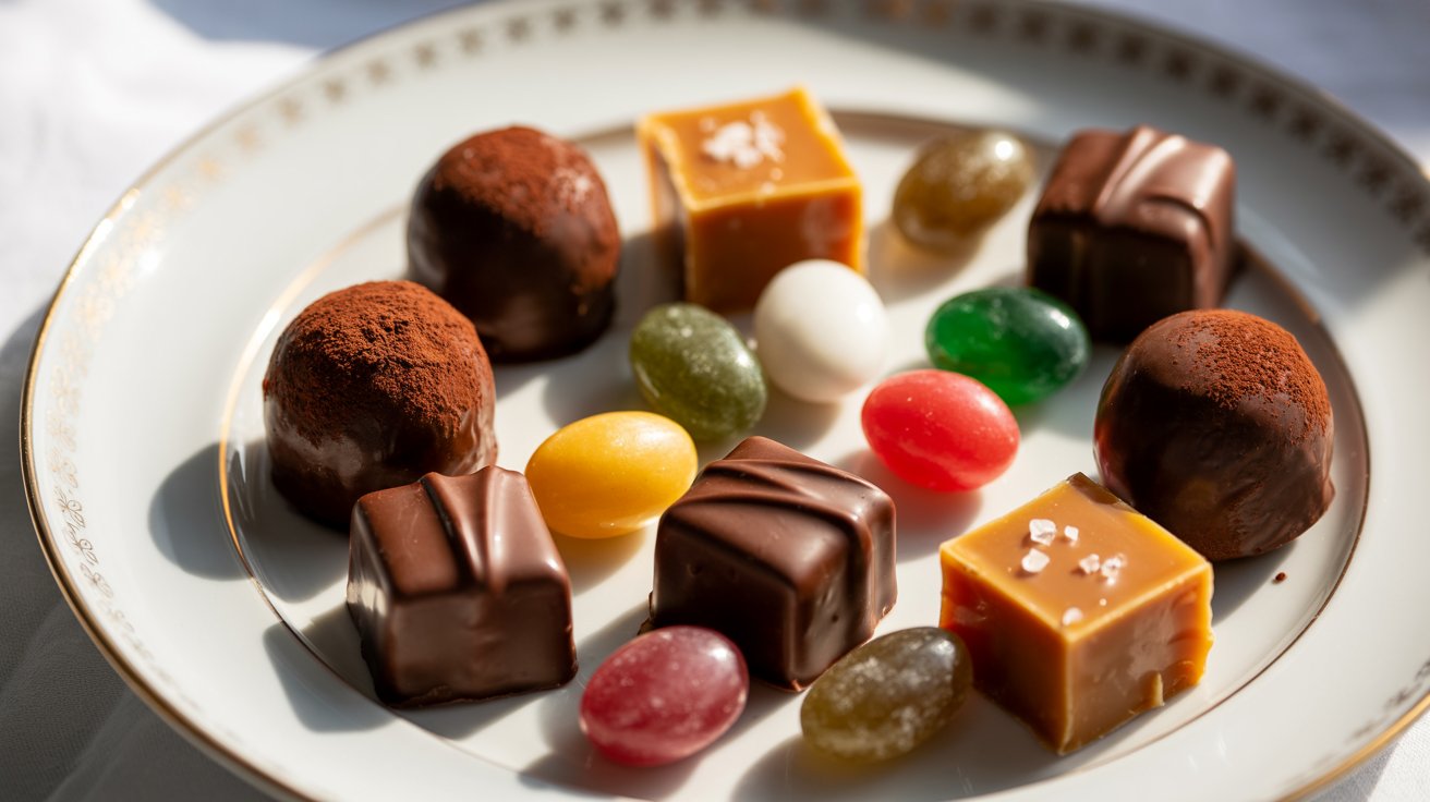 A photograph of an elegant white porcelain plate arranged with an assortment of artisanal confections. The plate displays rich dark chocolate truffles dusted with cocoa powder, golden caramel squares with visible sea salt crystals, and colorful hard candies in jewel tones of ruby red, emerald green, and amber yellow. The confections are thoughtfully arranged in a casual yet appealing pattern, with some chocolates showing their glossy finish and the caramels revealing their smooth, buttery texture. Soft natural lighting from above creates gentle shadows and highlights the varied textures and colors of each sweet treat.