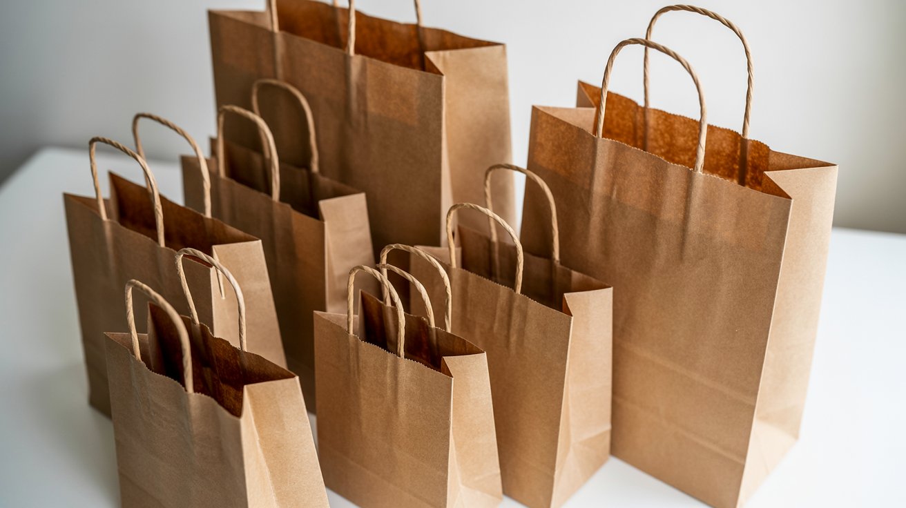 A photograph of several brown kraft paper shopping bags arranged on a clean white surface. The bags vary in size from small to large, made of textured recycled paper with twisted rope handles in natural brown twine. Some bags are standing upright while others are slightly tilted, creating visual depth and dimension. Soft natural lighting illuminates the scene from above, casting gentle shadows that highlight the paper's organic texture and warm earth-tone coloring.