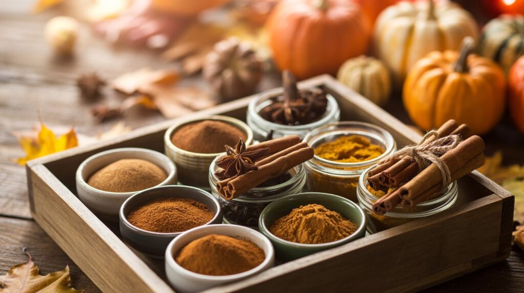 A rustic wooden tray filled with an assortment of autumn spices arranged in small glass jars and ceramic bowls, featuring warm cinnamon sticks, ground pumpkin spice, star anise, and nutmeg. The spices display rich amber, burnt orange, and deep brown hues, with some cinnamon sticks bundled together with twine and fine powdered spices creating gentle texture contrasts. Behind the tray, Halloween decorations including small pumpkins, dried autumn leaves, and perhaps a few decorative gourds create a softly blurred bokeh background in muted orange and golden tones. Warm, diffused lighting casts a cozy glow across the scene, emphasizing the seasonal ambiance and the aromatic, homey feel of fall baking preparations.