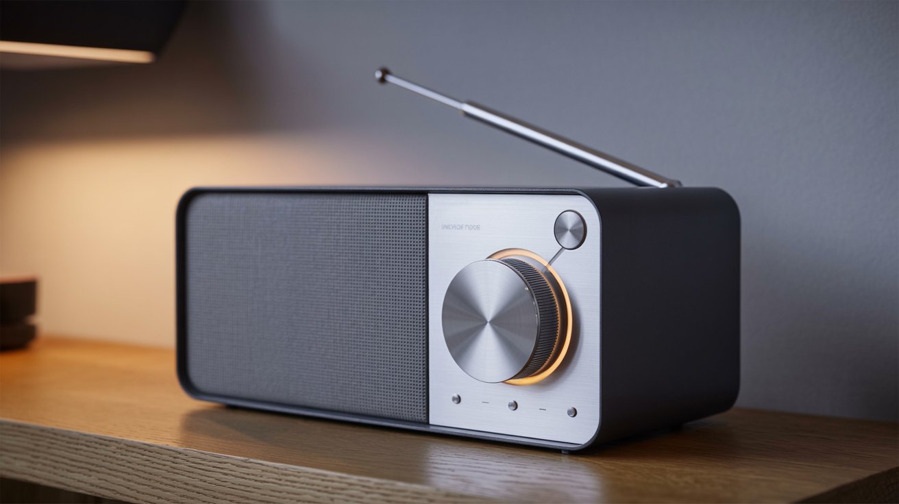 A sleek modern radio with a minimalist design featuring a matte black rectangular body and brushed aluminum accents. The device has a large circular tuning dial with subtle LED backlighting, clean geometric buttons, and a retractable telescopic antenna extending from the top right corner. The radio sits on a white oak wooden surface against a soft gray background, with warm ambient lighting casting gentle shadows that highlight its contemporary industrial aesthetic. The overall composition emphasizes clean lines and premium materials typical of high-end audio equipment.