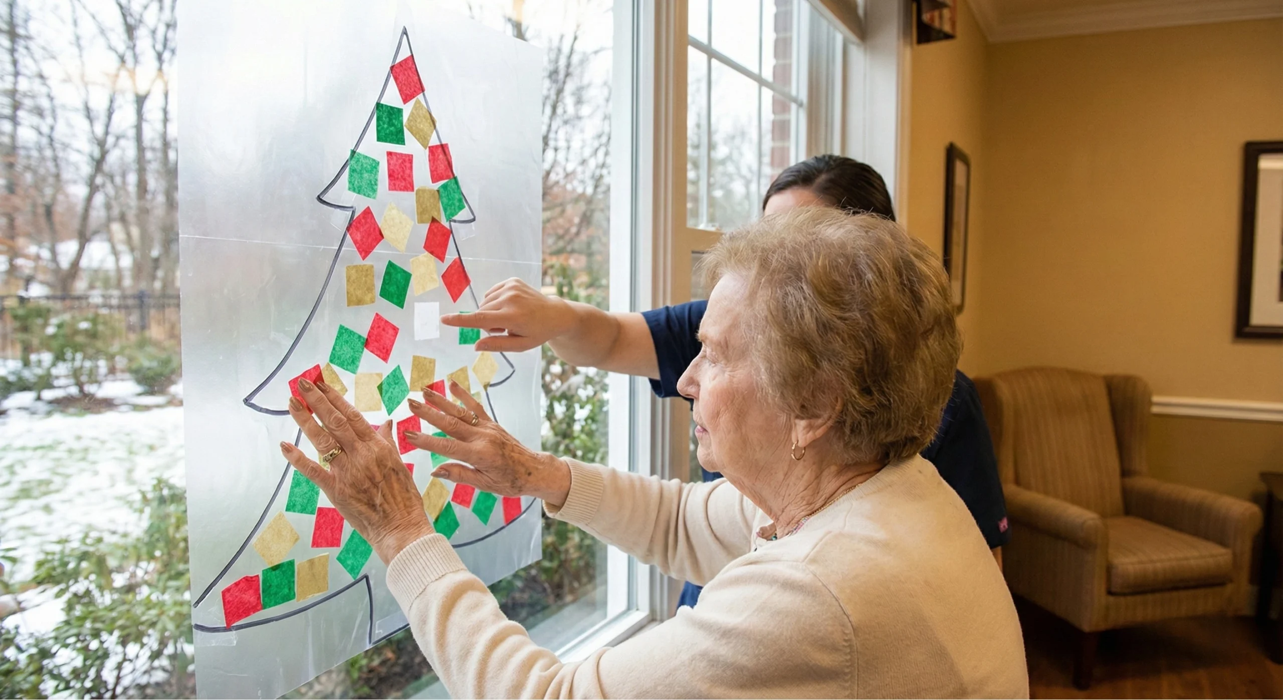 An elderly woman and a younger caregiver standing at a window, placing colorful tissue paper squares onto a sticky contact paper outline of a Christmas tree.