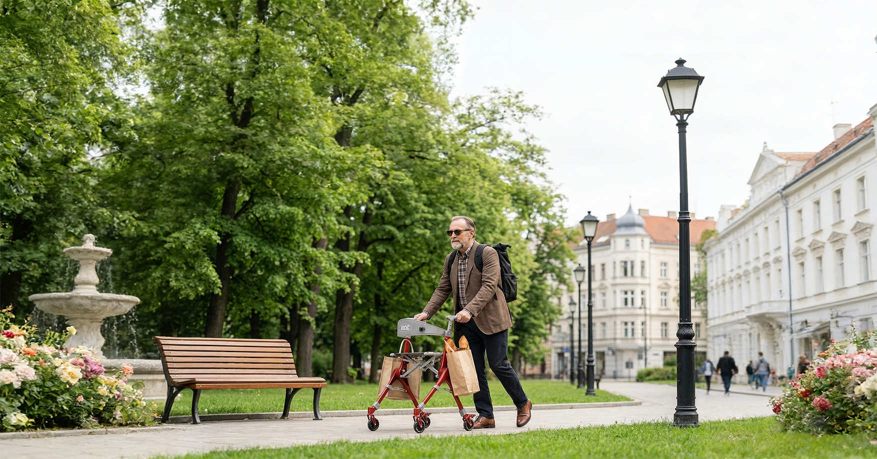 A senior citizen walking with walker.