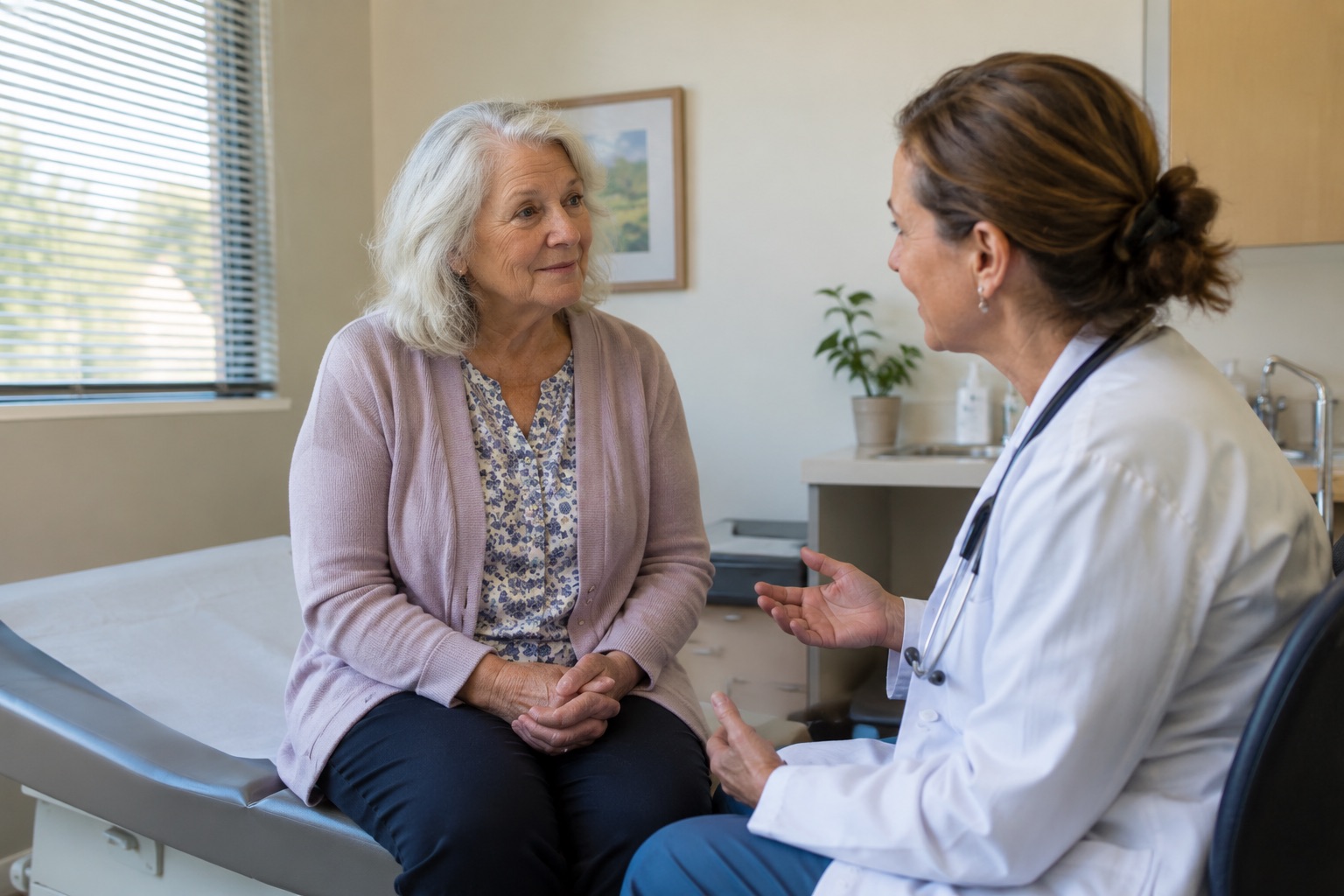 Older woman discussing preventive screening with her doctor.